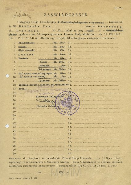 KKE 5309.jpg - Dok. Zaświadczenie z PUR-u dla Jana Małyszko potwierdzające przynależność rzeczy przywiezionych w wyniku akcji repatriacyjnej, Ostróda, lata 40-te XX wieku.
